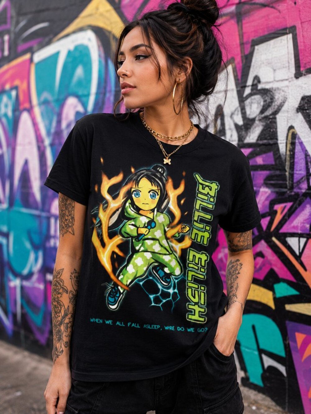 Vintage Billie Eilish Hot Topic Anime T-Shirt Small Black Where Do We Go? Tee